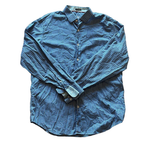 Bugatchi Mens L Blue Plaid Long Sleeve Button Down Shirt with Fold Back Cuffs